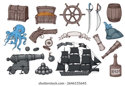 Coleção de aventura pirata. Ilustração de vetor desenhada à mão. Modelo de projeto do mar. Elementos para pirata-marinho tema design. Atributos piratas.