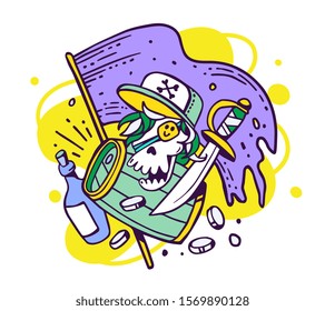 Pirate adventure concept. Vector illustration of pirate skull in a cap with eyepatch and flag, sword, bottle of rum on white color background. Line art style design for web, site, banner, poster, card