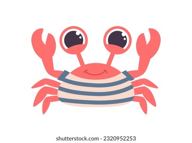 Pirate adventure crab concept. Representative of underwater world in vest. Cute and charming character. Poster or banner. Cartoon flat vector illustration isolated on white background