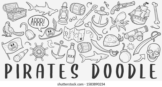 Pirate Adventure Doodle Line Art Illustration. Hand Drawn Vector Clip Art. Banner Set Logos.