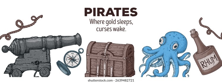 Pirate adventure frame. Hand drawn vector illustration. Nautical marine design template. Design elements for pirate-themed projects, maps, and invitations.
