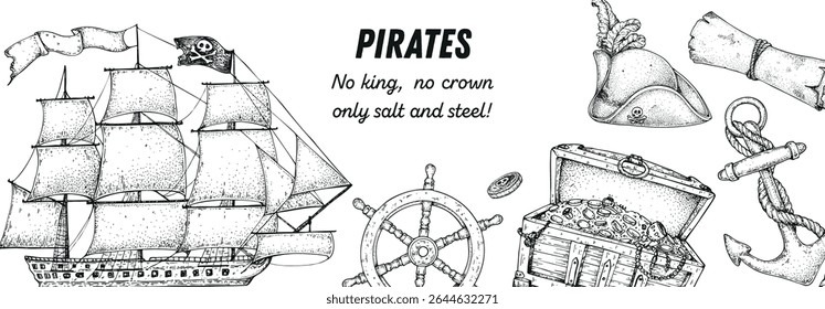 Pirate adventure frame. Hand drawn vector illustration. Sea design template. Sketch elements for pirate-marine theme design. Pirates ship, skull winth crossbones sketch