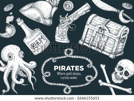 Pirate adventure frame. Hand drawn vector illustration. Sea design template. Sketch elements for pirate-marine theme design.