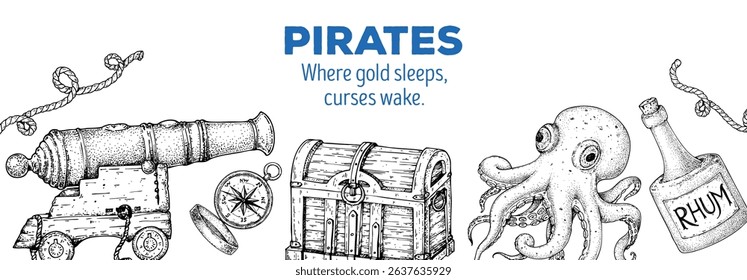 Pirate adventure frame. Vintage hand drawn vector illustration. Nautical marine design template. Sketch elements for pirate-themed projects, maps, and invitations. Hand drawn sketches