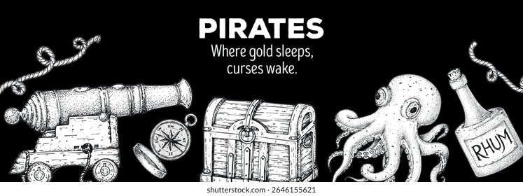 Pirata aventura quadro. Ilustração de vetor desenhada à mão vintage. Modelo de projeto náutico marinho. Elementos de esboço para projetos com temas de piratas, mapas e convites. Esboços desenhados à mão
