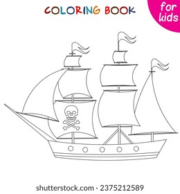 Pirate adventure.  Pirate frigate. Coloring book page template 