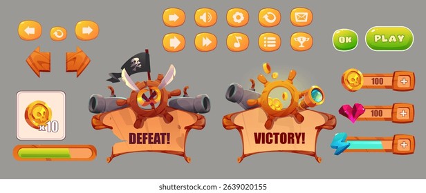 Pirate adventure game user interface set, wooden interface menu background.Vector cartoon, set of buttons, signs, victory and defeat icon. Pirate game collection isolated on background.