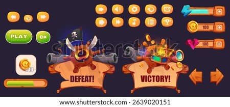 Pirate adventure game user interface set, wooden interface menu background.Vector cartoon, set of buttons, signs, victory and defeat icon. Pirate game collection isolated on background.