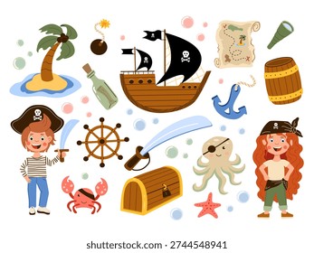 Pirate adventure illustration set with boy and girl pirates, sailing ship, treasure chest, octopus, and crab. Collection pirate elements for kids party decor, nursery art, and game design.