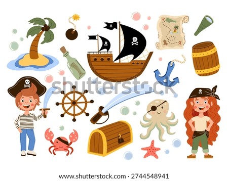 Pirate adventure illustration set with boy and girl pirates, sailing ship, treasure chest, octopus, and crab. Collection pirate elements for kids party decor, nursery art, and game design.