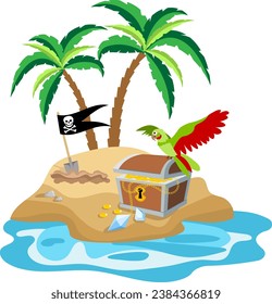 Pirate adventure. Island with a parrot and a treasure chest. Pirates party kids adventure. 