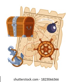 Pirate Adventure Map, Wooden Treasure Chest, Ship Wheel, Boat Anchor. Adventure To Islands, Equipment For Journey In Sea On Boat, Filibuster Bounty Corsair. Cartoon Vector Illustration.