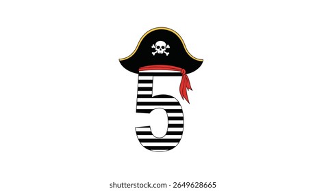 Uma aventura pirata número cinco com listras e um chapéu alegre e roger para uma celebração festiva