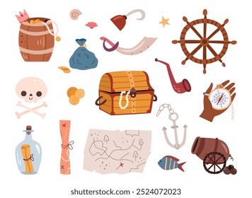 Pirate adventure objects. Vector isolated accessories, wooden barrel and treasure chest, skull and bottle with scroll, map and anchor, rudder and compass, cradle and cannon, hook and sea shells