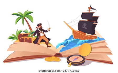 Pirate adventure scene with treasure and ship. Vector illustration