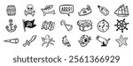 pirate adventure and sea elements. ship, coins, bottle, anchor doodle hand drawn icon set. Outline drawing pirate sea adventure line clipart symbol collection. Vector illustration