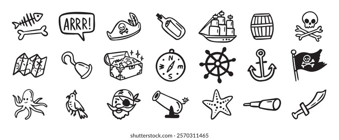 pirate adventure and sea elements. ship, coins, bottle, anchor doodle hand drawn icon set. Outline drawing pirate sea adventure line clipart symbol collection. Vector illustration