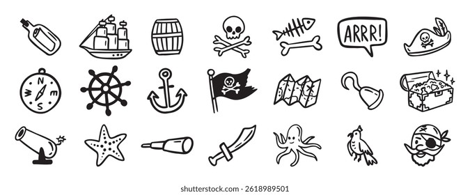 aventura pirata e elementos do mar. navio, moedas, garrafa, âncora doodle mão desenhado ícone set. Desenho de esboço pirata mar aventura linha clipart símbolo coleção. Ilustração vetorial