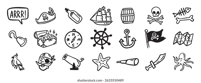 pirate adventure and sea elements. ship, coins, bottle, anchor doodle hand drawn icon set. Outline drawing pirate sea adventure line clipart symbol collection. Vector illustration