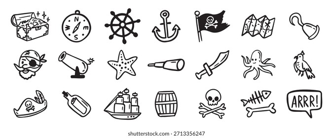 Aventura pirata y Elementos de mar. Barco, monedas, botella, garabato de anclaje dibujado a mano conjunto de iconos. Esquema dibujando colección de símbolo de Clipart de línea de aventura marítima pirata. Ilustración vectorial