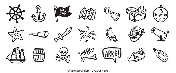 Piratenabenteuer und Meereselemente. Schiff, Münzen, Flasche, Anker doodle handgezeichnetes Symbol. Umrisszeichnung Piraten Meer Abenteuer Linie Clipart Symbol Sammlung. Vektorgrafik