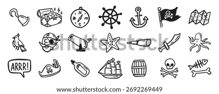 pirate adventure and sea elements. ship, coins, bottle, anchor doodle hand drawn icon set. Outline drawing pirate sea adventure line clipart symbol collection. Vector illustration
