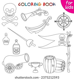 Pirate adventure. Set of pirate attributes. Coloring book page template