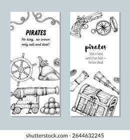 Pirate adventure set. Banner collection. Hand drawn vector illustration. Sea design template. Sketch elements for pirate-marine theme design.