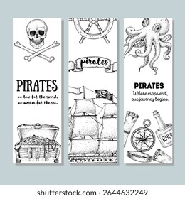 Pirate adventure set. Banner collection. Hand drawn vector illustration. Sea design template. Sketch elements for pirate-marine theme design. Pirates ship, skull winth crossbones sketch