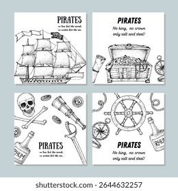 Pirate adventure set. Banner collection. Hand drawn vector illustration. Sea design template. Sketch elements for pirate-marine theme design. Pirates ship, skull winth crossbones sketch