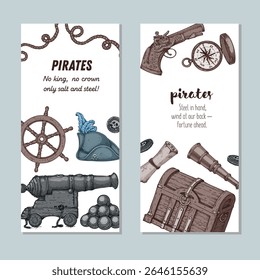 Jogo de aventura pirata. Coleção de banner. Ilustração de vetor desenhada à mão. Modelo de projeto do mar. Elementos de esboço para pirata-marinho tema design.
