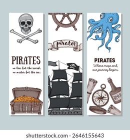 Jogo de aventura pirata. Coleção de banner. Ilustração de vetor desenhada à mão. Modelo de projeto do mar. Elementos de esboço para pirata-marinho tema design. Navio pirata, crânio com ossos cruzados esboço