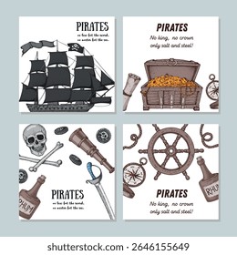 Jogo de aventura pirata. Coleção de banner. Ilustração de vetor desenhada à mão. Modelo de projeto do mar. Elementos de esboço para pirata-marinho tema design. Navio pirata, crânio com ossos cruzados esboço