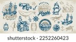 Pirate adventure set colorful stickers ships and chests full of treasures or mermaids and items with sea vessel vector illustration