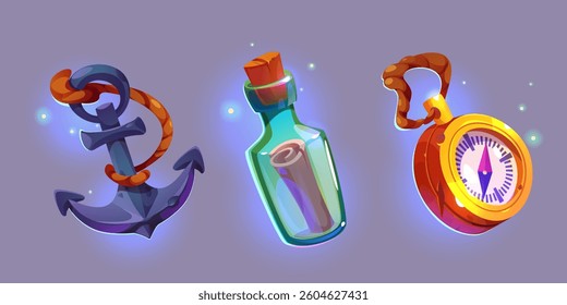 Pirate adventure set of elements, icons. Collection of с: compass, anchor, bottle with message. Vector illustration, cartoon, isolated on dark background