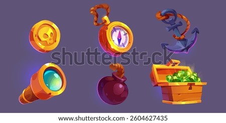 Pirate adventure set of elements, icons. Collection of objects: compass, anchor, bomb, coin,  treasure chest, telescope. Vector illustration, cartoon, isolated on dark background