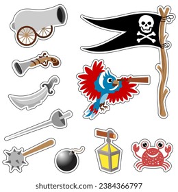 Pirate adventure. Set of Pirates vector cartoon stickers. Parrot, flag, crab, cannon, bomb and weapon.