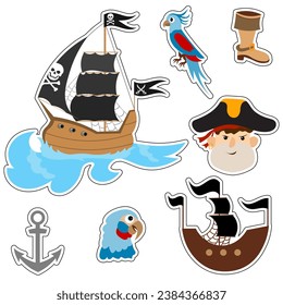 Pirate adventure. Set of Pirates vector cartoon stickers. Ship, waves, parrot, pirate, anchor and boot.