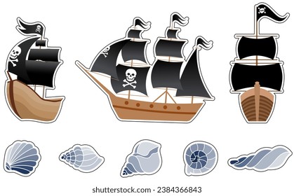Pirate adventure. Set of Pirates vector cartoon stickers. Pirate ships and shells. 