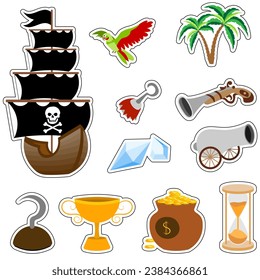 Aventura pirata. Juego de pegatinas de dibujos animados vectores de Pirates. Barco, loro, palmeras, cañones, diamantes y pistolas.