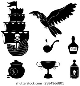 Pirate adventure. Set of vector pirate silhouettes. Ship, parrot, rum, goblet and pipe.