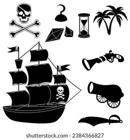 Piratenabenteuer. Satz von Vektor-Pirat-Silhouetten. Segelboot, Waffen, Palmen und Diamanten.