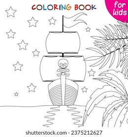 Pirate adventure.  Pirate ship in the night sea. Coloring book page template for children