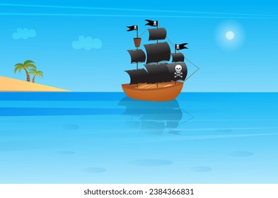 Pirate adventure. A pirate ship sails from a tropical island. Pirates party kids adventure.