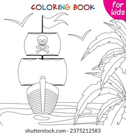 Pirate adventure. Pirate ship and seagulls. Coloring book page template