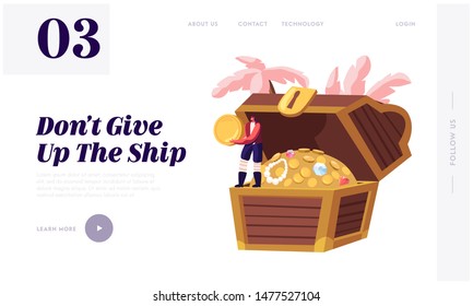 Pirate Adventure Story Website Landing Page. Young Man Wearing Old Fashioned Dressing Hold Gold Coin in Hands Standing on Wooden Chest with Treasures Web Page Banner. Cartoon Flat Vector Illustration