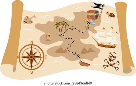 Aventura pirata. Mapa del tesoro pirata. Aventura de los niños de la fiesta de los piratas. 