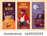 Pirate adventure vertical banners set, treasure chest with gold, bearded smiling filibuster captain with hook hand and wooden leg prosthesis and ship with jolly roger sail, Cartoon vector illustration