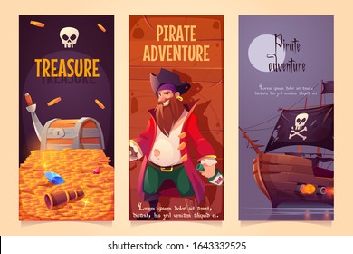 Pirate adventure vertical banners set, treasure chest with gold, bearded smiling filibuster captain with hook hand and wooden leg prosthesis and ship with jolly roger sail, Cartoon vector illustration