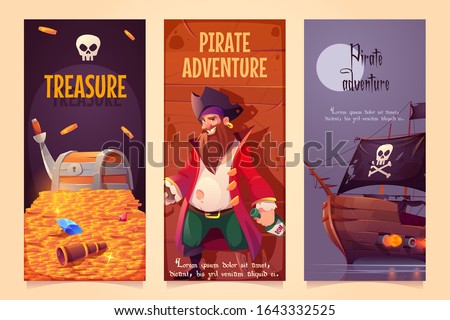 Pirate adventure vertical banners set, treasure chest with gold, bearded smiling filibuster captain with hook hand and wooden leg prosthesis and ship with jolly roger sail, Cartoon vector illustration ストックフォト © 